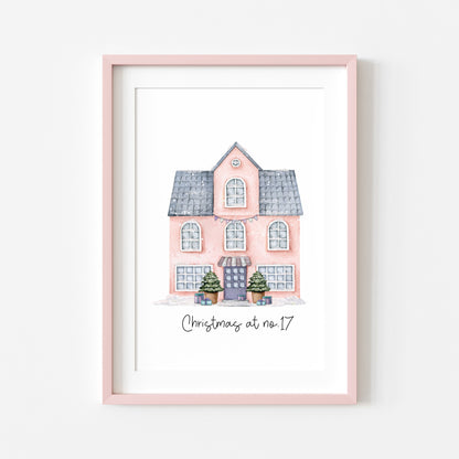Personalised Christmas House print, pink watercolour Green xmas trees (Unframed)