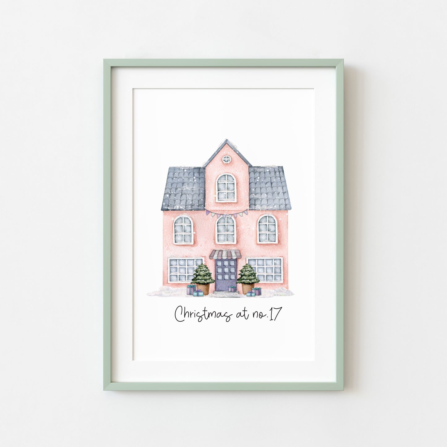 Personalised Christmas House print, pink watercolour Green xmas trees (Unframed)