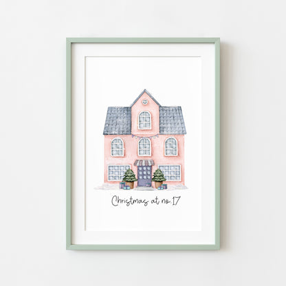 Personalised Christmas House print, pink watercolour Green xmas trees (Unframed)