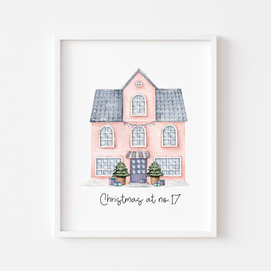 Personalised Christmas House print, pink watercolour Green xmas trees (Unframed)