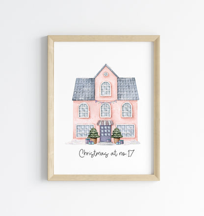 Personalised Christmas House print, pink watercolour Green xmas trees (Unframed)
