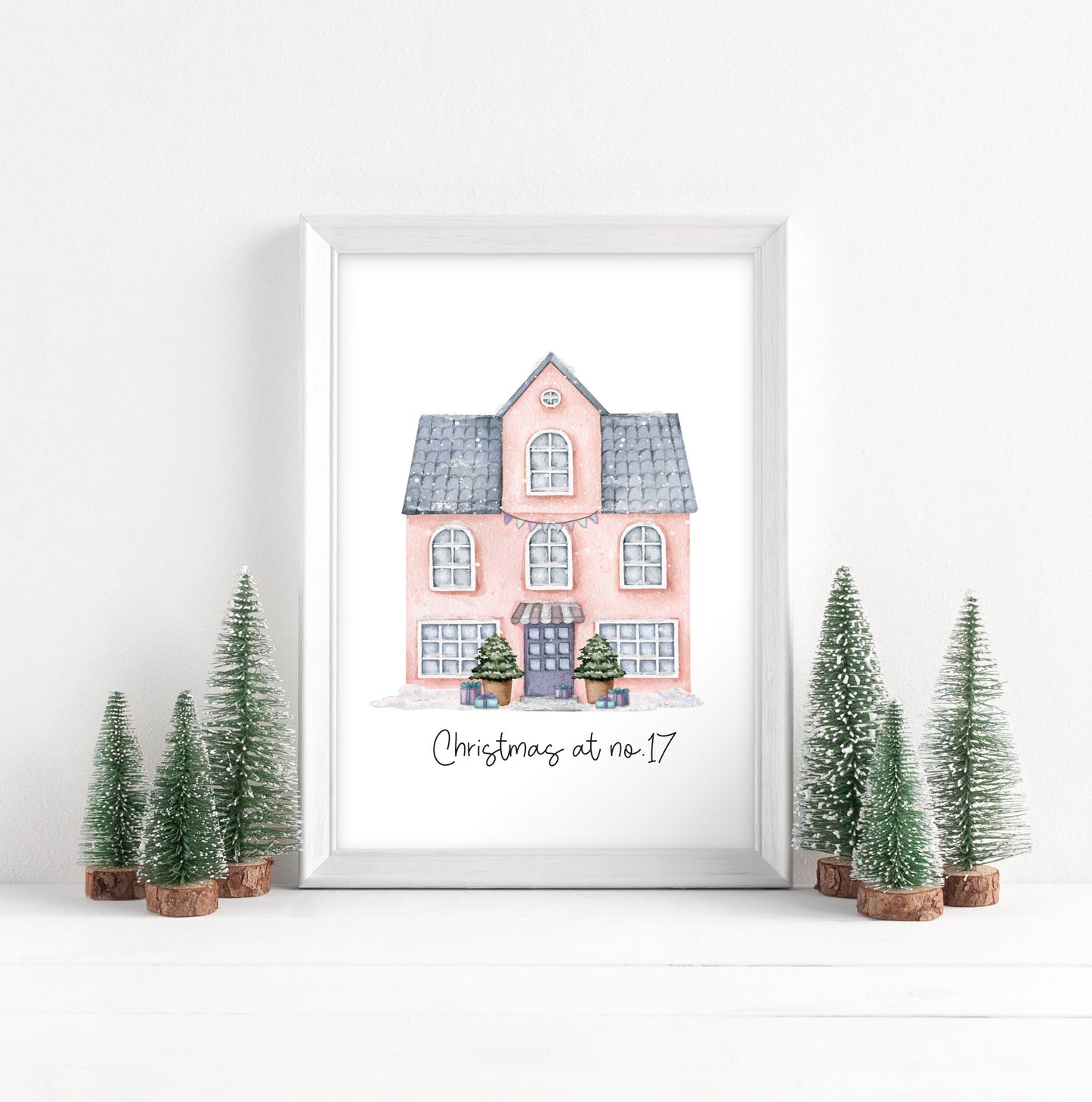 Personalised Christmas House print, pink watercolour Green xmas trees (Unframed)