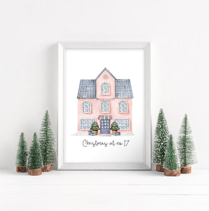 Personalised Christmas House print, pink watercolour Green xmas trees (Unframed)