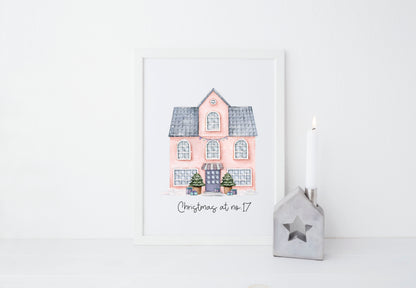 Personalised Christmas House print, pink watercolour Green xmas trees (Unframed)