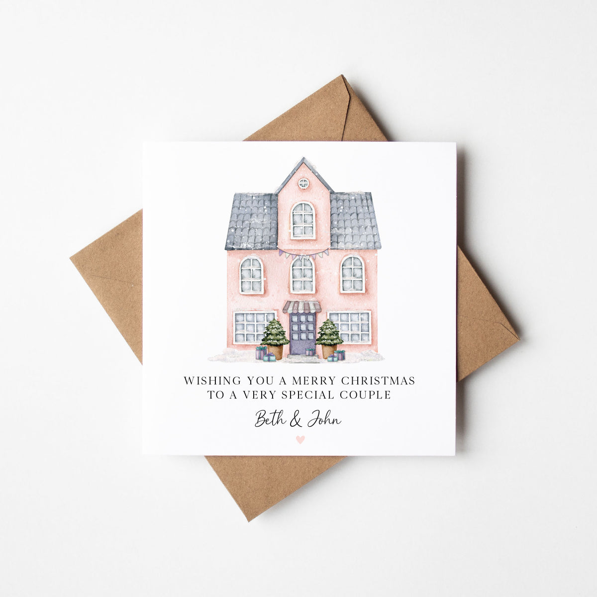 Christmas Card Festive Pink House, personalised with names for family, friends, couples & neighbours