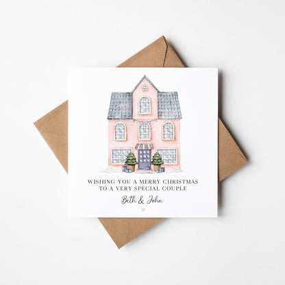 Christmas Card Festive Pink House, personalised with names for family, friends, couples & neighbours