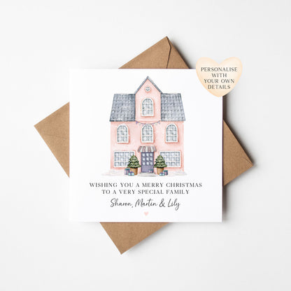 Christmas Card Festive Pink House, personalised with names for family, friends, couples & neighbours