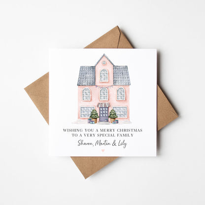 Christmas Card Festive Pink House, personalised with names for family, friends, couples & neighbours