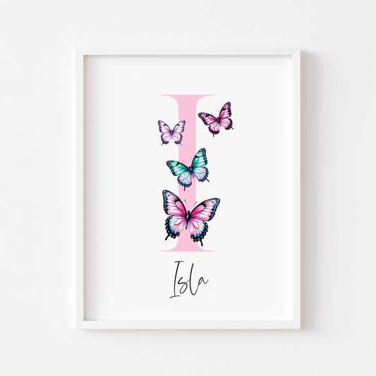 Pink Butterfly Initial Print Personalised Nursery wall art Decor (Unframed)
