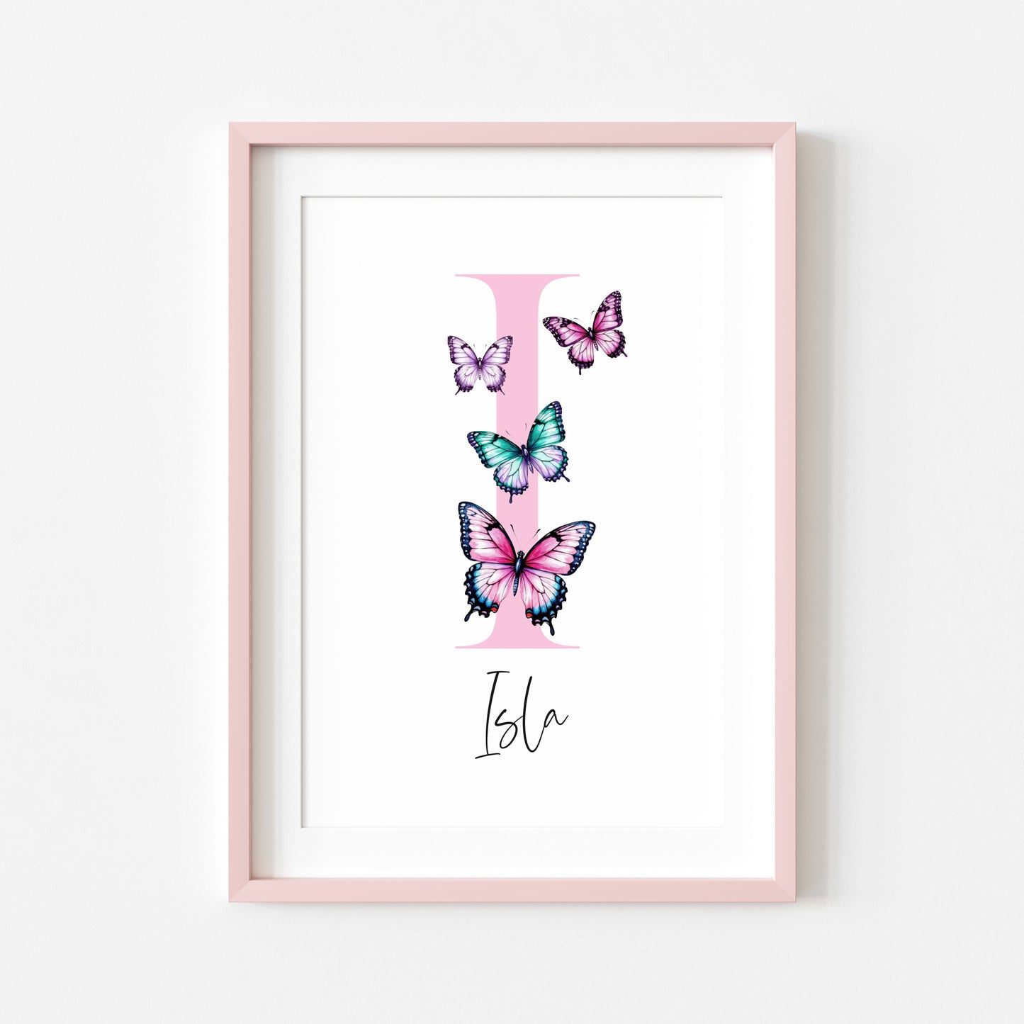 Pink Butterfly Initial Print Personalised Nursery wall art Decor (Unframed)