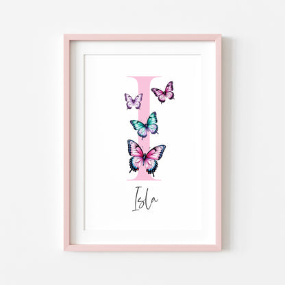 Pink Butterfly Initial Print Personalised Nursery wall art Decor (Unframed)