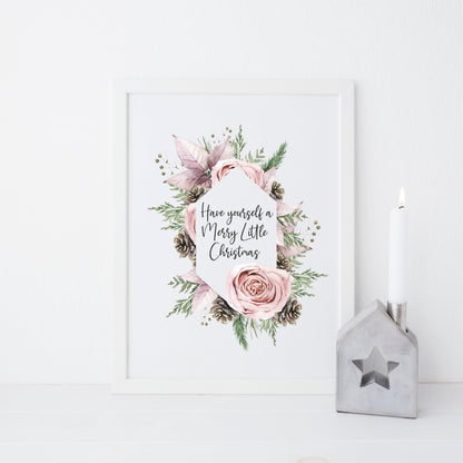 Have yourself a Merry Little Christmas pink rose, and pine cone christmas wreath seasonal unframed wall art poster print