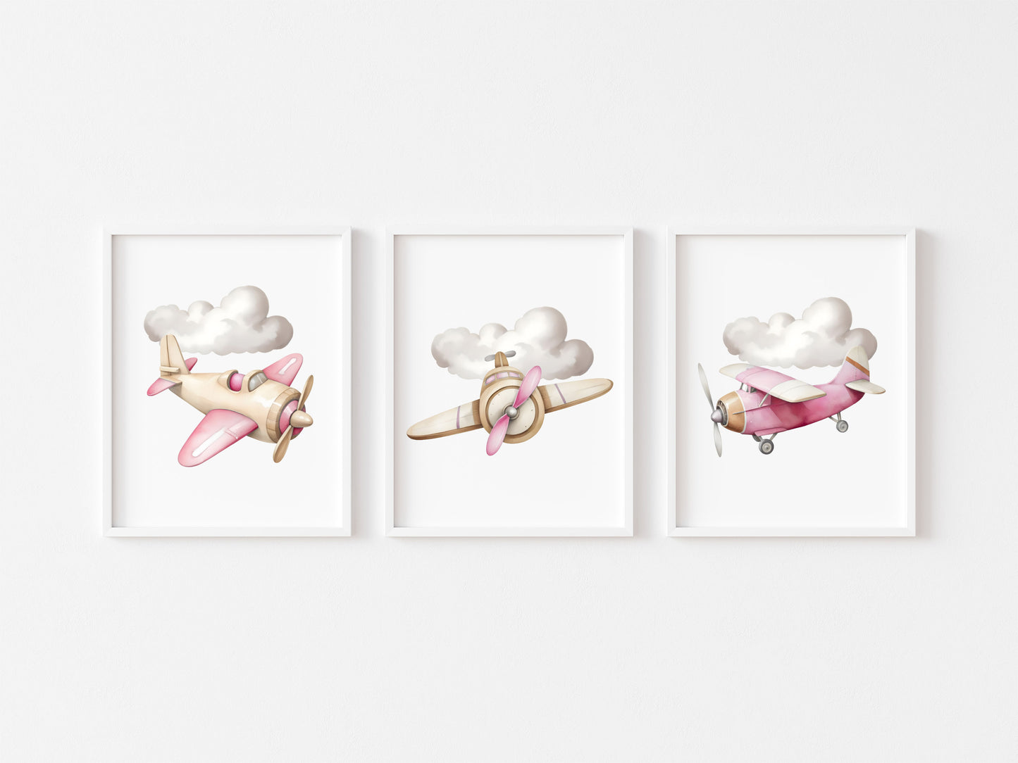 Air transport print set, aviation aeroplane pink beige girls transport wall art (unframed)