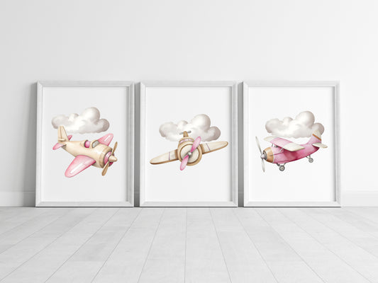 Air transport print set, aviation aeroplane pink beige girls transport wall art (unframed)