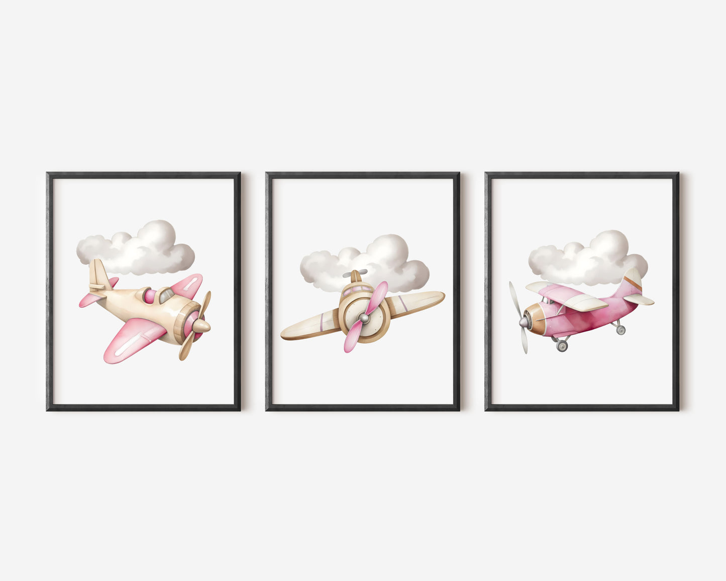 Air transport print set, aviation aeroplane pink beige girls transport wall art (unframed)