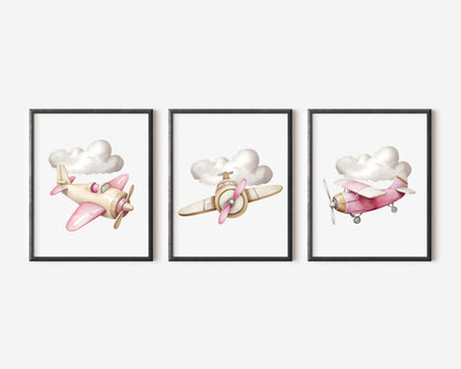 Air transport print set, aviation aeroplane pink beige girls transport wall art (unframed)