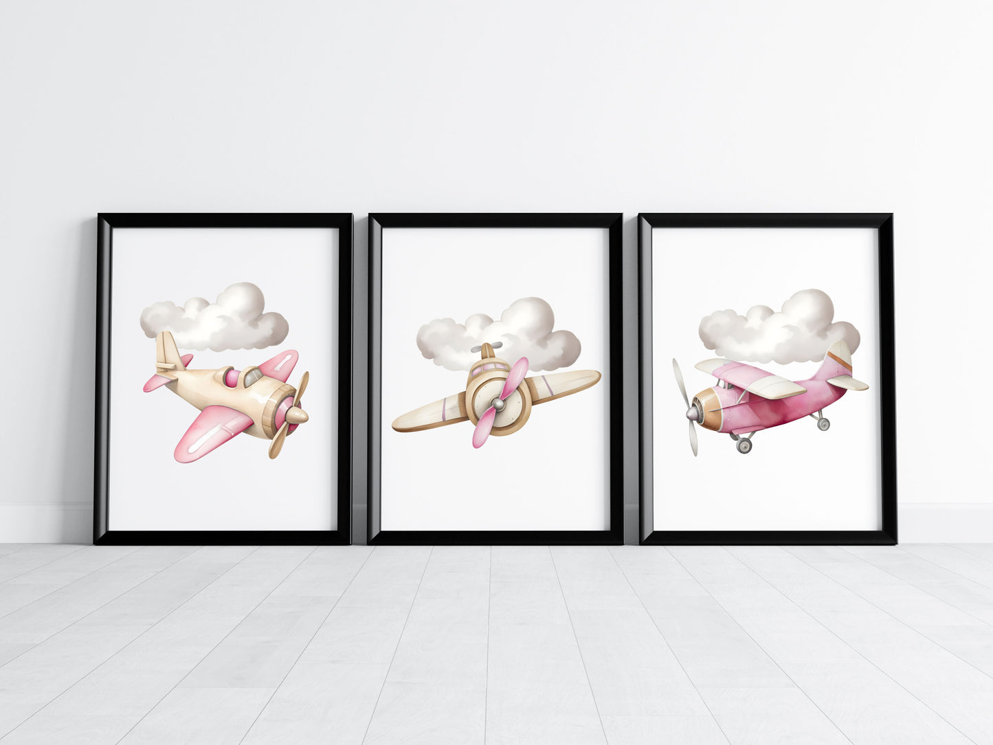 Air transport print set, aviation aeroplane pink beige girls transport wall art (unframed)