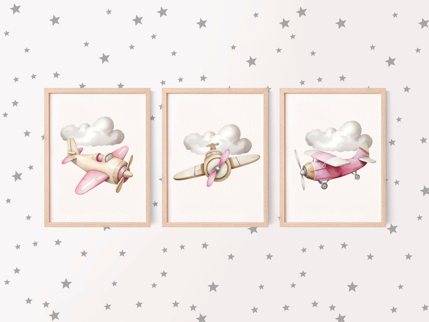 Air transport print set, aviation aeroplane pink beige girls transport wall art (unframed)