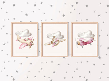 Air transport print set, aviation aeroplane pink beige girls transport wall art (unframed)