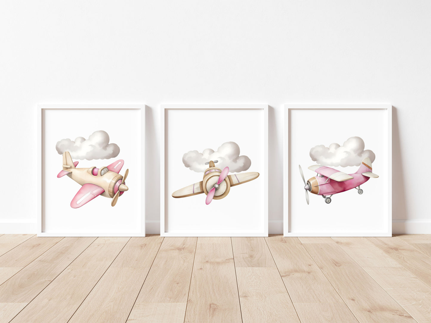 Air transport print set, aviation aeroplane pink beige girls transport wall art (unframed)
