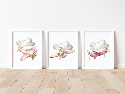 Air transport print set, aviation aeroplane pink beige girls transport wall art (unframed)
