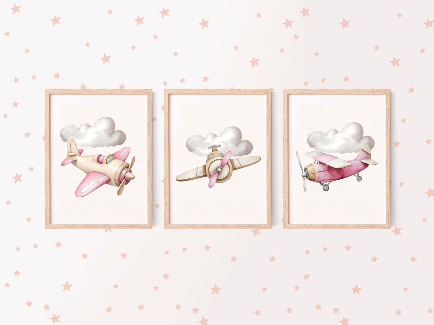 Air transport print set, aviation aeroplane pink beige girls transport wall art (unframed)
