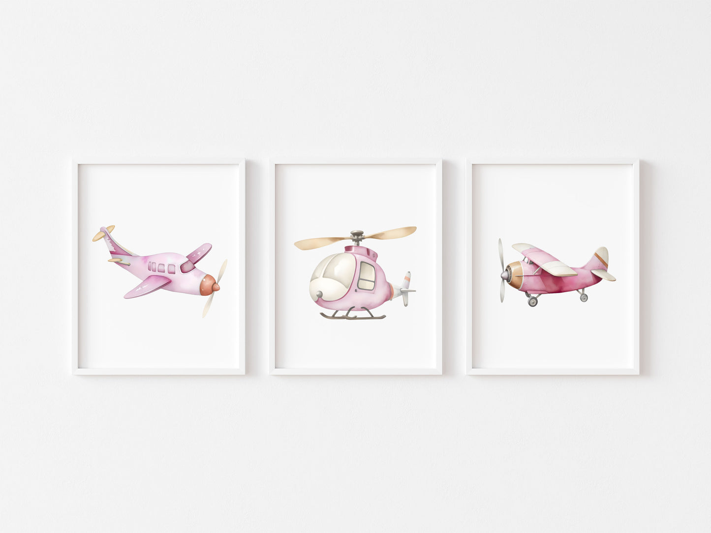 Air transport print set of 3 aviation aeroplane pink beige red girls transport wall art (unframed)