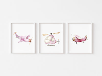 Air transport print set of 3 aviation aeroplane pink beige red girls transport wall art (unframed)