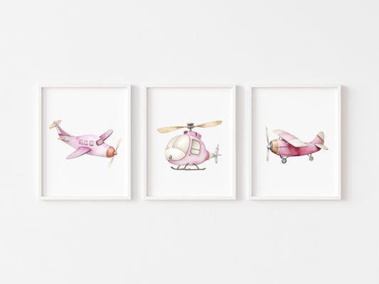 Air transport print set of 3 aviation aeroplane pink beige red girls transport wall art (unframed)