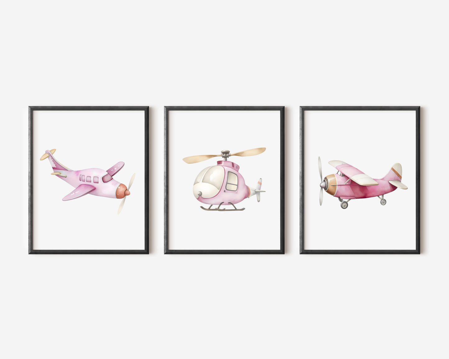 Air transport print set of 3 aviation aeroplane pink beige red girls transport wall art (unframed)