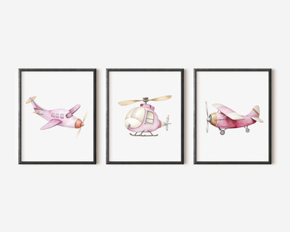 Air transport print set of 3 aviation aeroplane pink beige red girls transport wall art (unframed)