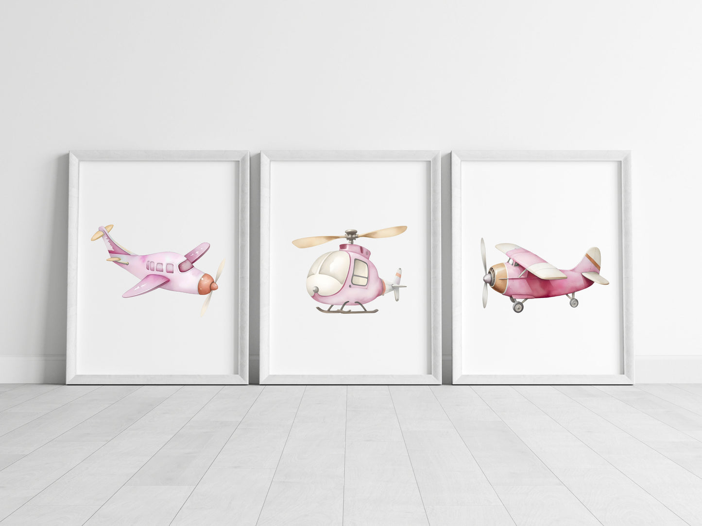 Air transport print set of 3 aviation aeroplane pink beige red girls transport wall art (unframed)