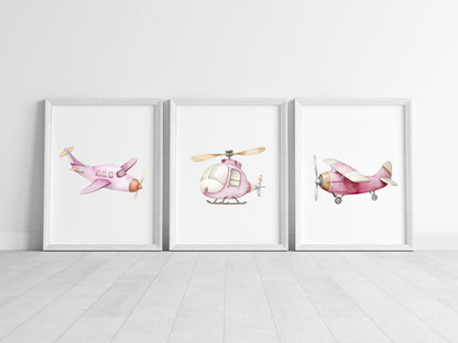 Air transport print set of 3 aviation aeroplane pink beige red girls transport wall art (unframed)