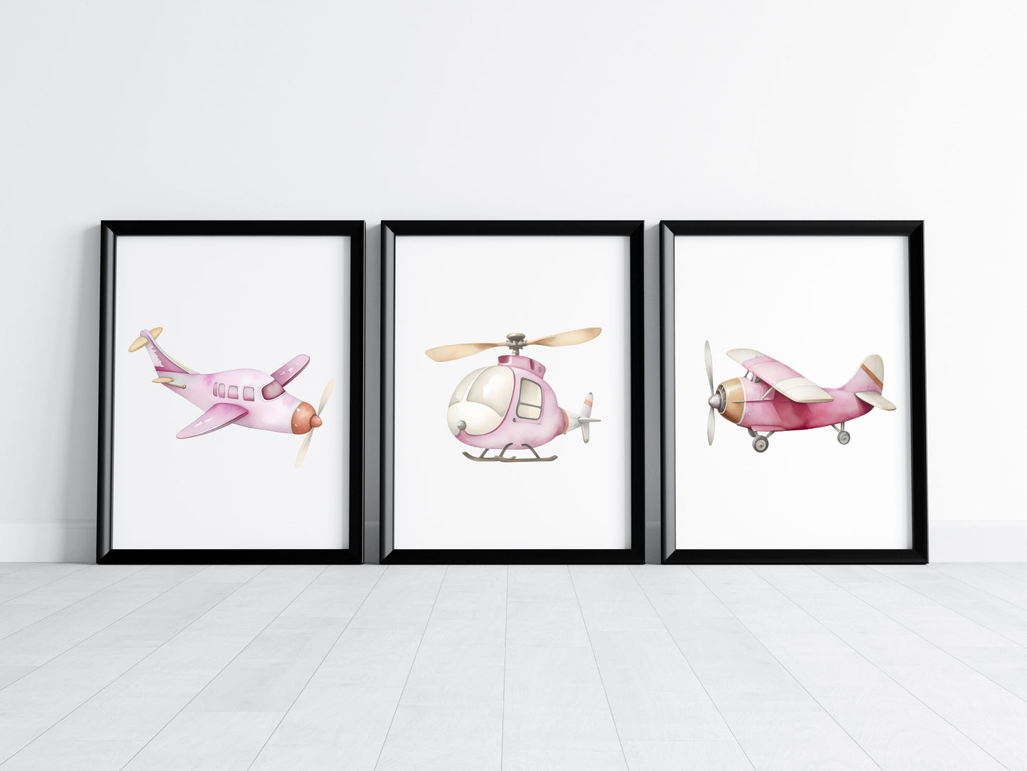 Air transport print set of 3 aviation aeroplane pink beige red girls transport wall art (unframed)