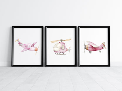 Air transport print set of 3 aviation aeroplane pink beige red girls transport wall art (unframed)