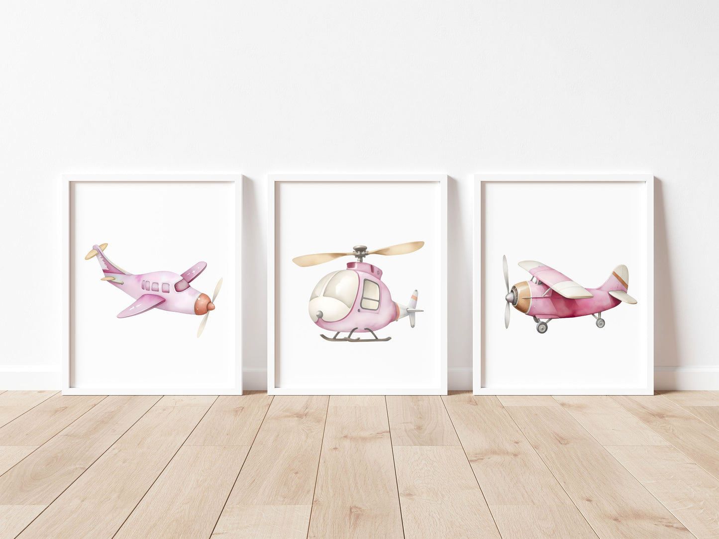 Air transport print set of 3 aviation aeroplane pink beige red girls transport wall art (unframed)