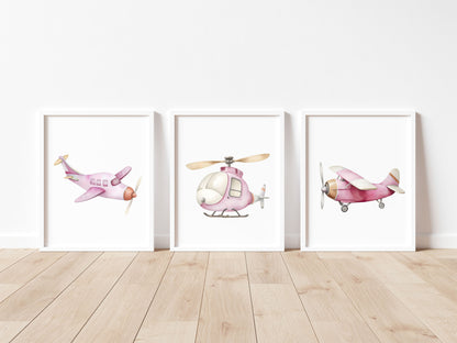Air transport print set of 3 aviation aeroplane pink beige red girls transport wall art (unframed)