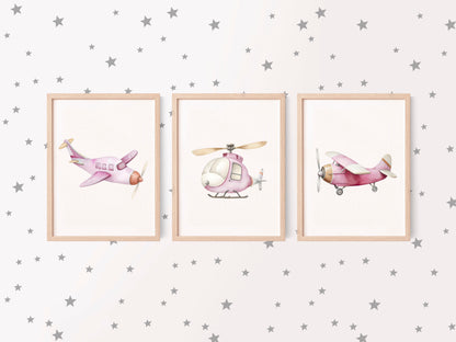 Air transport print set of 3 aviation aeroplane pink beige red girls transport wall art (unframed)