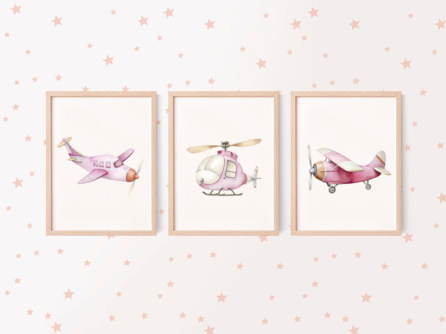Air transport print set of 3 aviation aeroplane pink beige red girls transport wall art (unframed)