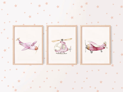 Air transport print set of 3 aviation aeroplane pink beige red girls transport wall art (unframed)