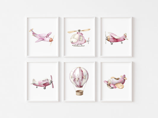 Set of 6 Air transport prints aviation aeroplane pink beige red girls transport wall art (unframed)