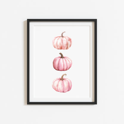 Autumn print, trio of pink seasonal fall watercolour pumpkins fall unframed print, autumn home decor, pumpkin decor, pink autumn, pink art