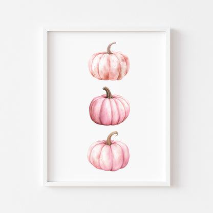 Autumn print, trio of pink seasonal fall watercolour pumpkins fall unframed print, autumn home decor, pumpkin decor, pink autumn, pink art
