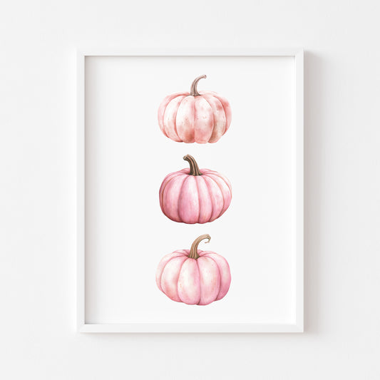 Autumn print, trio of pink seasonal fall watercolour pumpkins fall unframed print, autumn home decor, pumpkin decor, pink autumn, pink art