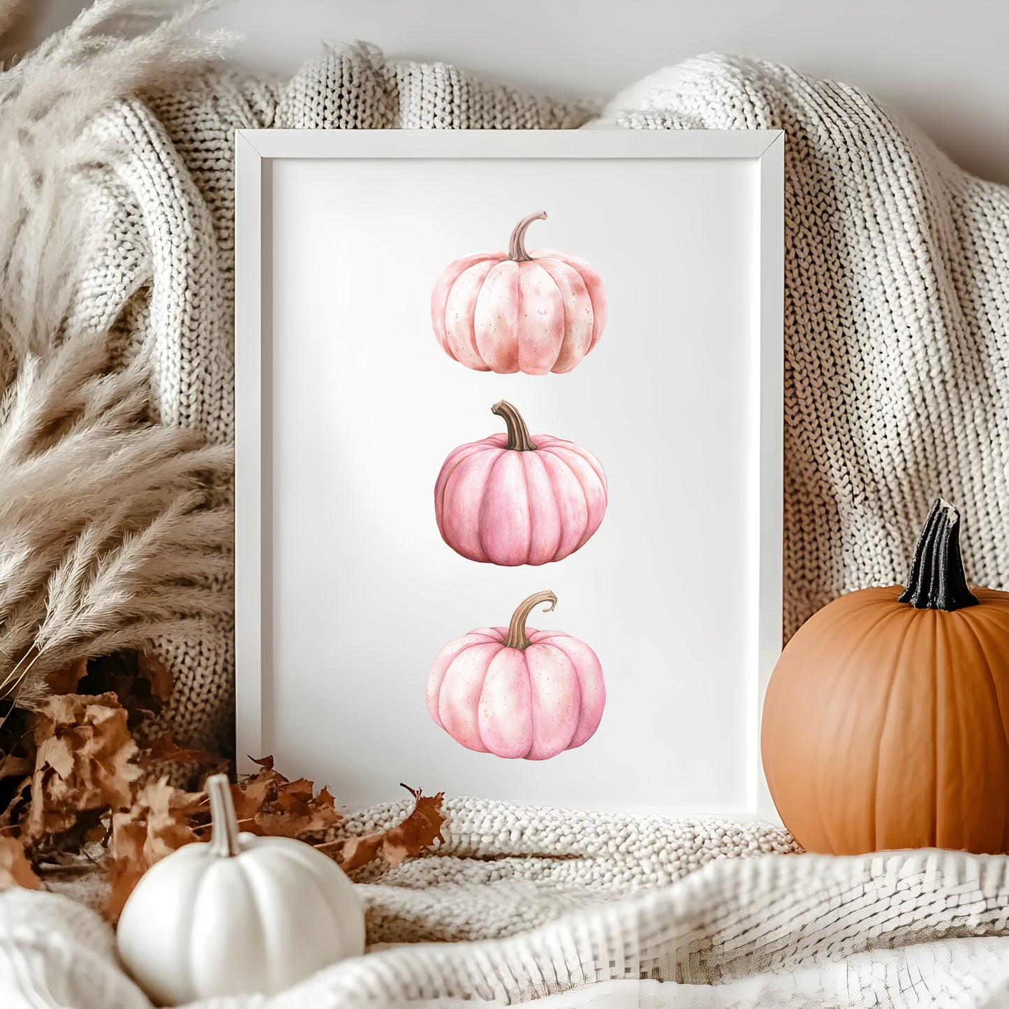 Autumn print, trio of pink seasonal fall watercolour pumpkins fall unframed print, autumn home decor, pumpkin decor, pink autumn, pink art