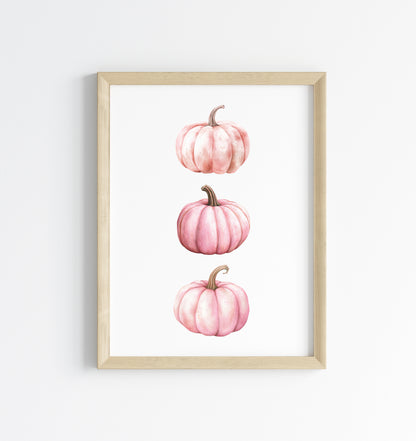 Autumn print, trio of pink seasonal fall watercolour pumpkins fall unframed print, autumn home decor, pumpkin decor, pink autumn, pink art