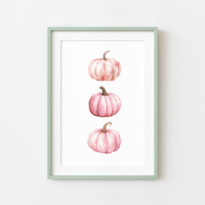 Autumn print, trio of pink seasonal fall watercolour pumpkins fall unframed print, autumn home decor, pumpkin decor, pink autumn, pink art