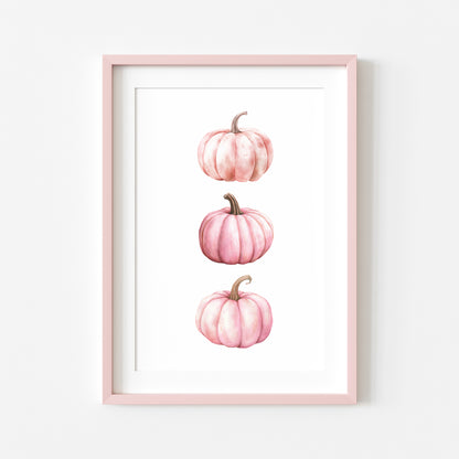 Autumn print, trio of pink seasonal fall watercolour pumpkins fall unframed print, autumn home decor, pumpkin decor, pink autumn, pink art