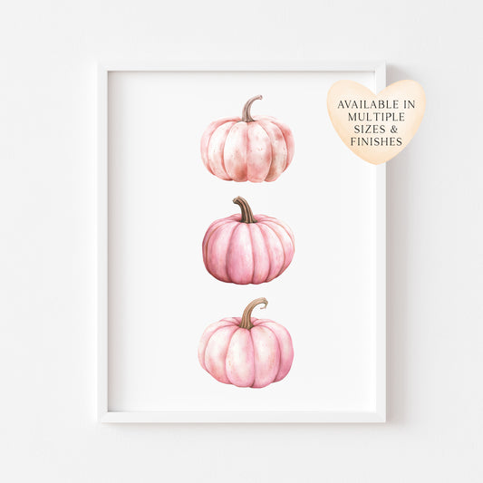 Autumn print, trio of pink seasonal fall watercolour pumpkins fall unframed print, autumn home decor, pumpkin decor, pink autumn, pink art