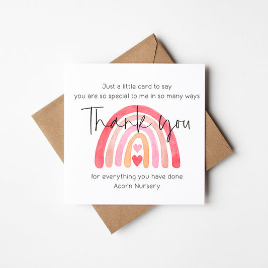 Personalised Watercolour Rainbow Thank You Teacher Nursery Card